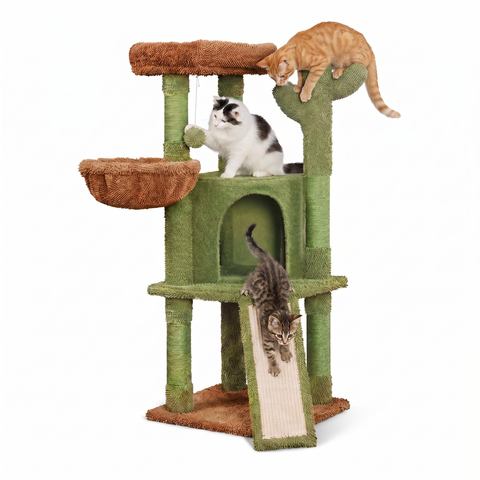 Árvore arranhadora para gatos em forma de cato, 106,5 cm - em sisal natural com casota, cama tipo cesto e bola de brincar