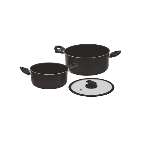 Conjunto de 2 caçarolas de alumínio com tampa de vidro 20/24cm pretas