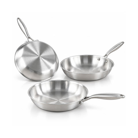 Conjunto de 3 frigideiras em aço inoxidável Tri-Ply de 20-24-28 cm | Fundo adequado para indução e todos os tipos de fogão, sem PFAS e próprias para forno