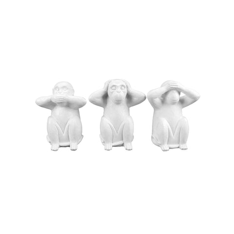 Conjunto de 3 macacos decorativos «Não vejo, não ouço, não falo» em cerâmica branca