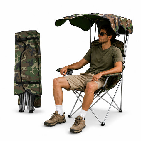 Cadeira de campismo dobrável com cobertura para o sol – Estrutura em aço-carbono com capacidade para 120kg – Tecido Oxford resistente – Dimensões 53x77x130cm – Poupa espaço, com bolsa de transporte
