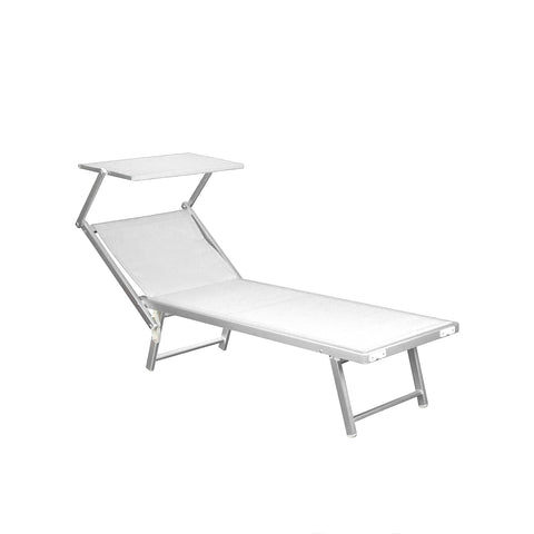 Espreguiçadeira de praia dobrável com guarda-sol em alumínio 183x61x38cm branca