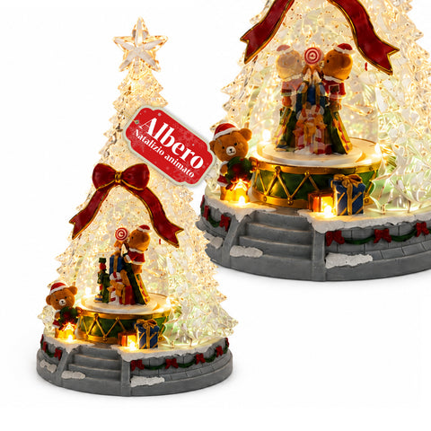 Árvore de Natal luminosa JoyTree com música e animação de 360°, luzes LED, cenário com ursinhos e quebra-nozes, alimentação dupla por USB, 32,5 cm