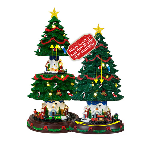 Árvore de Natal Luminosa SpinPine 45,5 cm com Aldeia e Comboio Rotativo, Luzes LED Branco Quente, Música Natalícia, Alimentação por USB ou a Pilhas