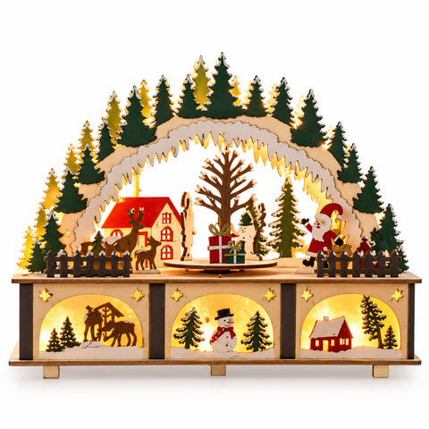 Arco de Natal em madeira com LED, aldeia com parte rotativa, 27 cm