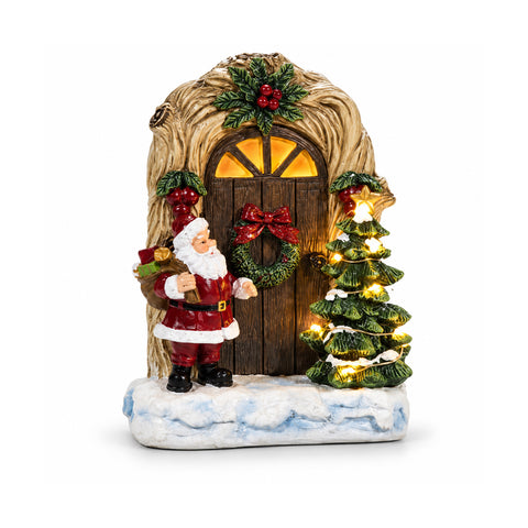 Pai Natal luminoso a pilhas com porta e árvore, A19 cm