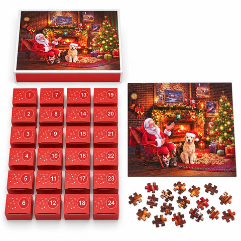 Calendário do Advento com Puzzle de 1008 Peças para Montar em 24 Dias, Cena Natalícia com Pai Natal e Cão, Puzzle Final de 70x50 cm
