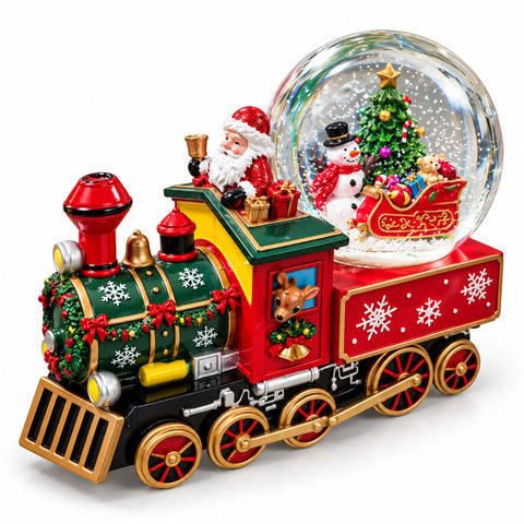 Caixa de música locomotiva de Natal com globo de neve em vidro, Pai Natal no comboio, de corda mecânica, dimensões 22x13x17,5 cm