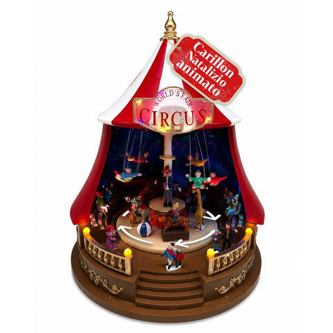 Caixa de música natalícia animada CircoJoy com luzes LED e música, tenda de circo Ø34 x H44 cm em plástico, cena rotativa, alimentação por USB ou pilhas