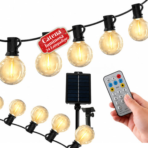 Corrente luminosa solar para exterior de 15 m com 24 lâmpadas LED G40