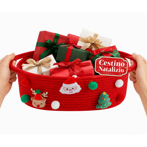 Cesto de Natal em corda de algodão vermelha 30x20x12 cm com pegas