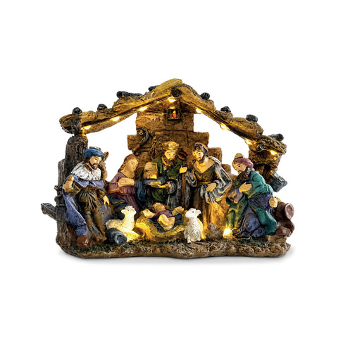 Presépio de Natal HolyGlow em poliresina com luzes LED e interruptor LIGAR/DESLIGAR, cabana rústica e base estável, 23x11,5x17 cm
