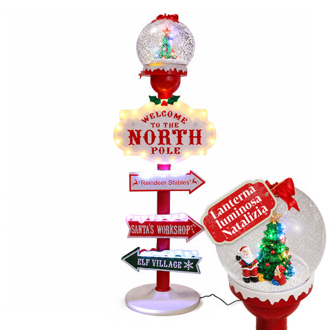 Lanterna de Natal com luzes LED, efeito de neve e letreiro do Polo Norte
