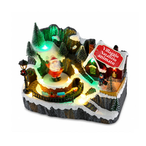 LitVille Aldeia de Natal iluminada com LED, com comboio em movimento e Pai Natal rotativo, 8 melodias natalícias, 23x15x18 cm, a pilhas