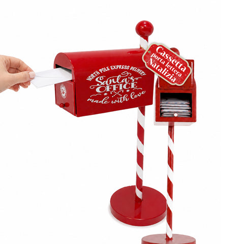 NorthPost Caixa de Correio de Natal de Chão em Metal Vermelho, Poste às Riscas, Portinhola Abrível para Recolher as Cartas de Natal