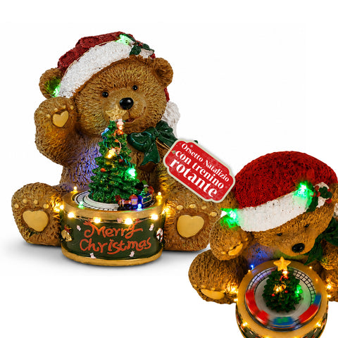 Ursinho de Natal Luminoso com Comboio Rotativo e Caixa de Música, Teddy XMAS Bear Station, Decoração Natalícia LED em Poliresina 20,5 cm
