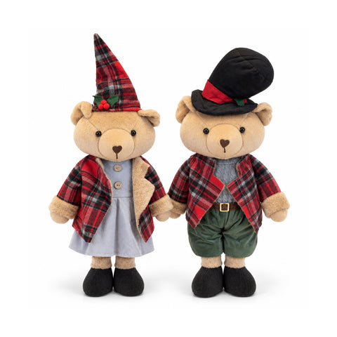 Urso decorativo de Natal de 85 cm, peluche para decoração com chapéu e roupa axadrezada, base estável, vermelho ou castanho tartan