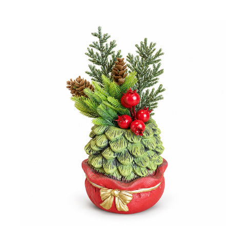 Planta ornamental com árvore de 20 cm, decoração de Natal de mesa com pinhas, bagas vermelhas e laço em relevo, 2 variantes em vermelho e dourado