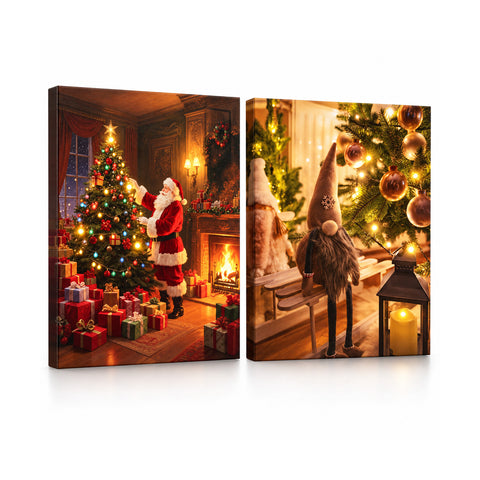 saint joy quadri natalizi con luci led in set da 2 30x40 cm babbo natale renne gnomo e alberi che si illuminano a batteria con interruttore ean 8056819082395
