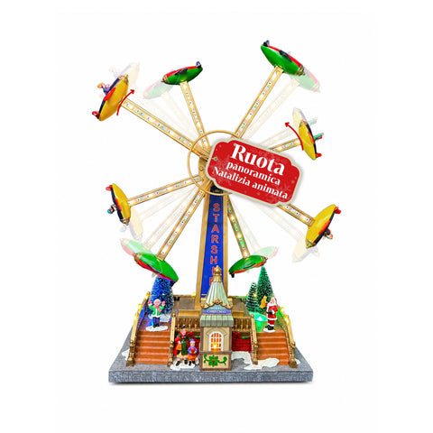 Roda-gigante panorâmica natalícia SkyWheel com luzes LED, melodias e rotação dupla, aldeia com bilheteira e personagens, 47,7 cm