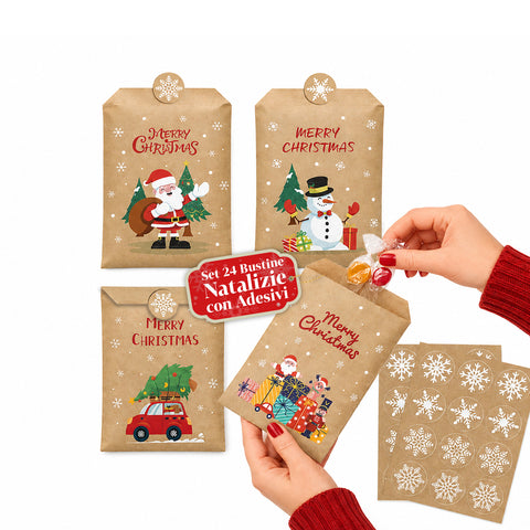 Conjunto de sacos de Natal - 24 saquinhos de papel kraft com autocolantes