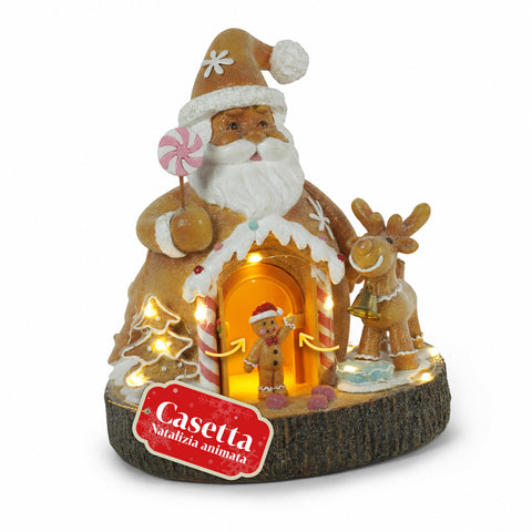 Santa Ginger - Decoração Natalícia do Pai Natal de Gengibre Santa Ginger com Luzes LED, Música e Porta Amovível, Casinha Luminosa em Resina 20,6 cm