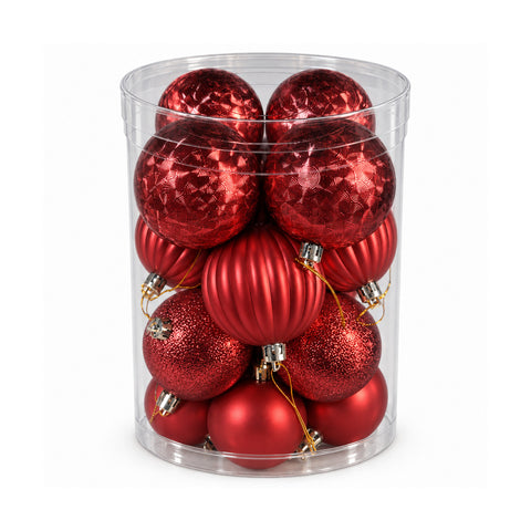 Conjunto de 16 bolas de Natal inquebráveis de 7 cm - 4 acabamentos sortidos brilhantes, mate e com purpurina - Decorações para a árvore e a casa - Vermelho, dourado, prateado