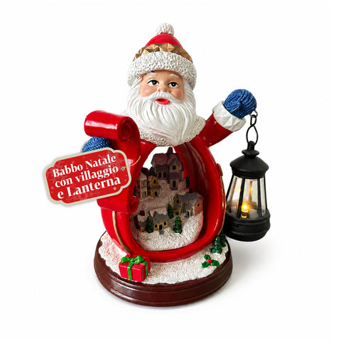 Estatueta do Pai Natal com aldeia e lanterna em resina 16x19 cm