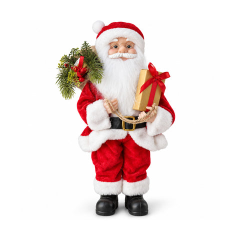 Estatueta natalícia Pai Natal e Mãe Natal h45cm, decoração para casa, loja e montras, 3 variantes sortidas com raminhos de pinheiro e pinhas