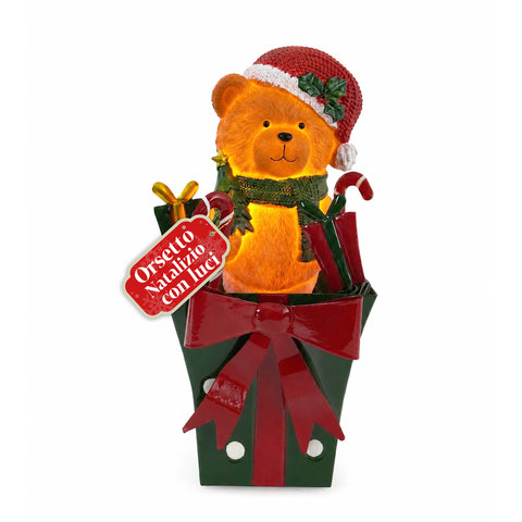 Teddy BearGift, ursinho de Natal luminoso numa caixa de oferta, luz LED quente, dimensões 15x15x25,5 cm, alimentação a pilhas