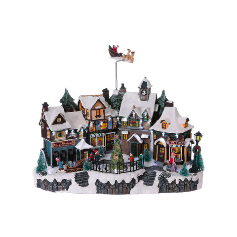 Aldeia de Natal animada Helsínquia com luzes LED e música de Natal, casinhas nevadas em poliresina, decoração de inverno, 22,5x32,5x21,5 cm