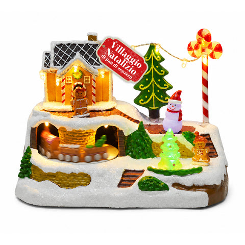 Aldeia de Natal Iluminada Candy Town com Comboio em Movimento e 8 Melodias, Casa de Gengibre LED, Decoração de Natal 23,5 cm
