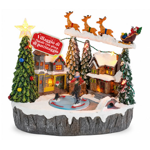 Aldeia de Natal iluminada Snowtime com pista de patinagem animada, luzes LED e música, trenó do Pai Natal, poliresina 21,5x15,8x22,5 cm