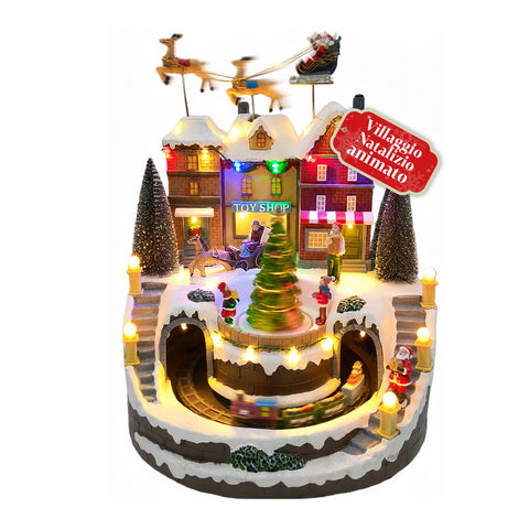 Aldeia Natalícia Iluminada Xmas Town a Pilhas com Luzes LED, Música, Árvore Rotativa, Comboio em Movimento e Trenó do Pai Natal, 27x25x34 cm