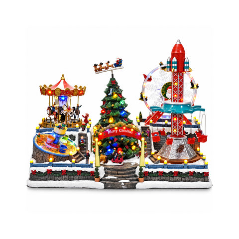 Parque de diversões natalício luminoso e musical, com carrosséis, H54 cm