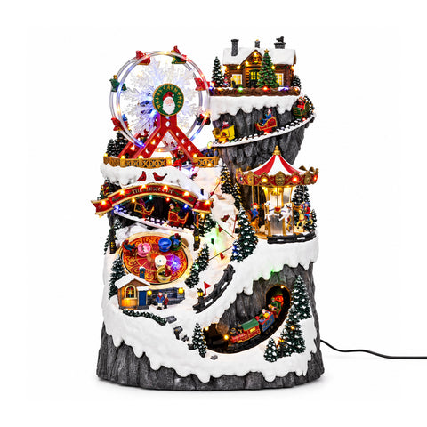 Aldeia natalícia luminosa e musical com montanha e carrosséis, A76 cm