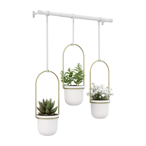 Conjunto de 3 vasos suspensos decorativos em aço branco/latão