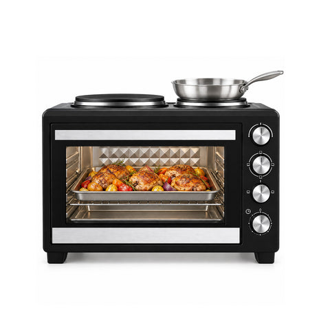 Mini-forno elétrico de 40 L com dupla placa elétrica, grelhador, 5 modos de cozedura, temporizador de 120 minutos, 100-250°C e porta com vidro duplo