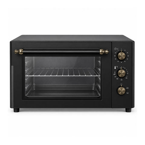 Forno elétrico de bancada de 70 litros com termóstato regulável, temporizador com alarme, luz interior, pega em aço e acabamento preto mate
