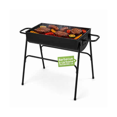 Barbecue a carvão e lenha em aço com pernas altas, braseiro de 74x38 cm e grelha de 70x34 cm com ampla superfície de cozedura