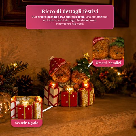 saint joy orsetto natalizio in poliresina con pacco regalo 2 varianti luci led puntuali alimentazione a batterie finiture curate base stabile ean 8050043127846