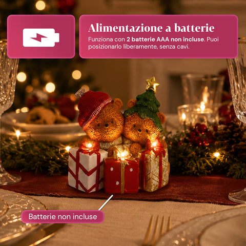 saint joy orsetto natalizio in poliresina con pacco regalo 2 varianti luci led puntuali alimentazione a batterie finiture curate base stabile ean 8050043127846