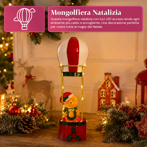 saint joy teddy skyfloat mongolfiera natalizia luminosa in metallo con orsetto luci led e funi dorate a batteria alta 37 cm con ghirlanda e agrifoglio ean 8050043127822