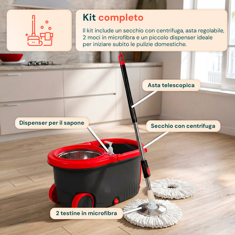 avilia home kit mocio rotante 360 con secchio 14l 46x27x22cm e centrifuga in acciaio include 2 testine in microfibra dosatore sapone e asta telescopica set lavapavimenti universale con ruote e scarico ean 8052879013140