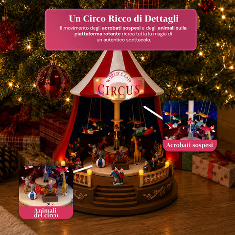 saint joy carillon natalizio animato circojoy con luci led e musica tendone circo 34 x h44 cm in plastica scena rotante alimentazione usb o a batterie ean 8050043127730