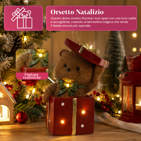 saint joy orsetto natalizio in poliresina con pacco regalo 2 varianti luci led puntuali alimentazione a batterie finiture curate base stabile ean 8050043127846