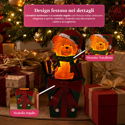 saint joy teddy beargift orsetto natalizio luminoso in scatola regalo luce led calda dimensioni 15x15x255 cm alimentazione a batterie ean 8050043127839