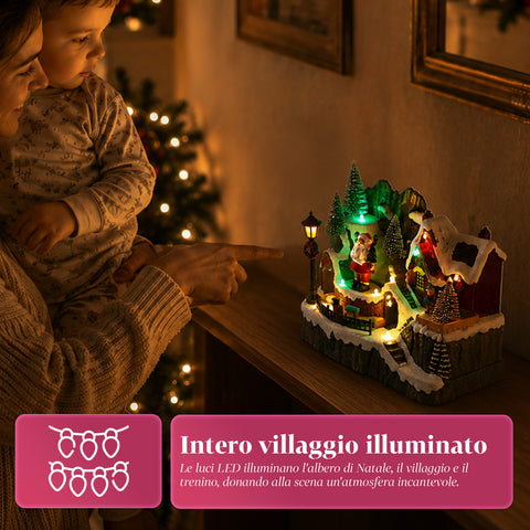 saint joy litville villaggio di natale illuminato led con trenino in movimento e babbo natale rotante 8 melodie natalizie 23x15x18 cm a batteria ean 8050043127709