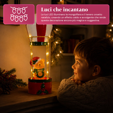 saint joy teddy skyfloat mongolfiera natalizia luminosa in metallo con orsetto luci led e funi dorate a batteria alta 37 cm con ghirlanda e agrifoglio ean 8050043127822