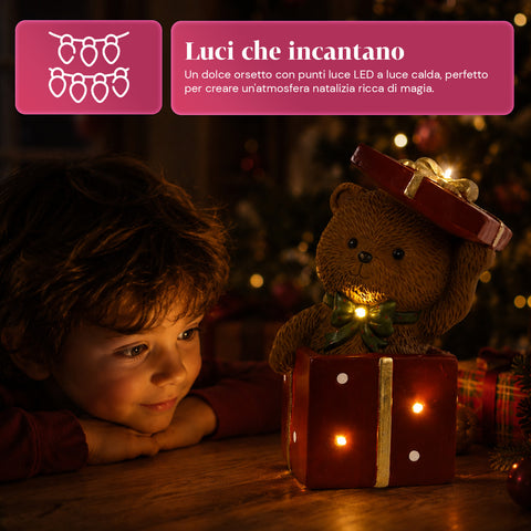 saint joy orsetto natalizio in poliresina con pacco regalo 2 varianti luci led puntuali alimentazione a batterie finiture curate base stabile ean 8050043127846